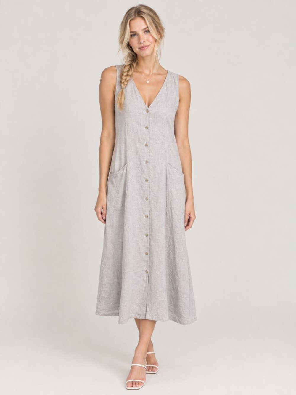 TAHARI Full-Button Front V-Neck Shirt Dress Linen Taupe 2 #A4555